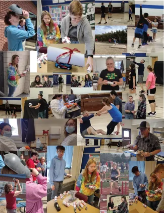 Collage of photos of Plainview School students and staff engaged in educational and athletic activities.