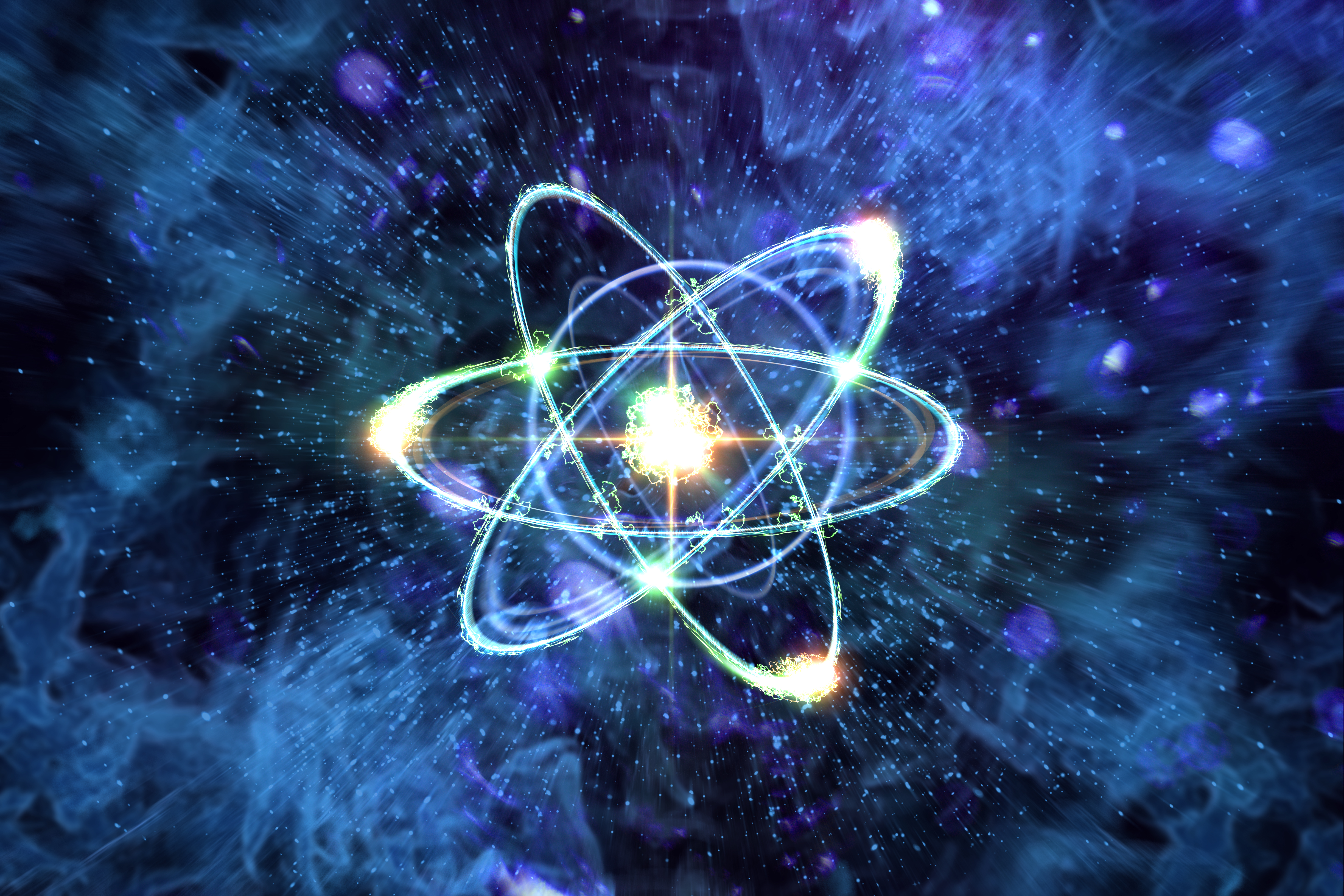 Artist's concept of an atom, with a nucleus and orbiting electrons