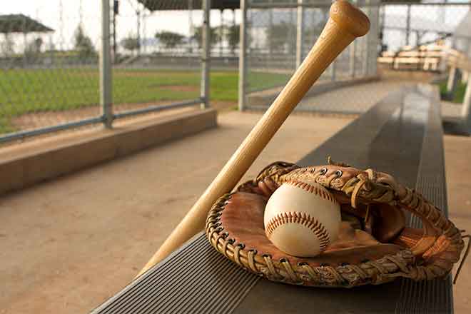 PROMO 64J1 Sports - Baseball Bat Glove Dugout Bench - iStock