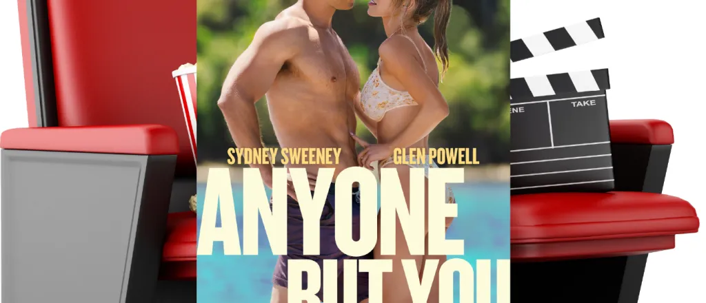 Movie poster for "Anyone but You" showing a couple near water wearing swim attire.