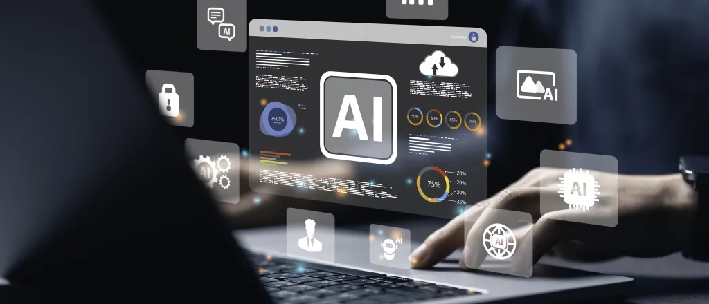 PROMO HIRES Technology Artificial Intelligence Computer - Khanchit Khirisutchalual - iStock-1515913422 Hands on a computer keyboard with simulated holographic images floating above representing aspects of artificial intelligence