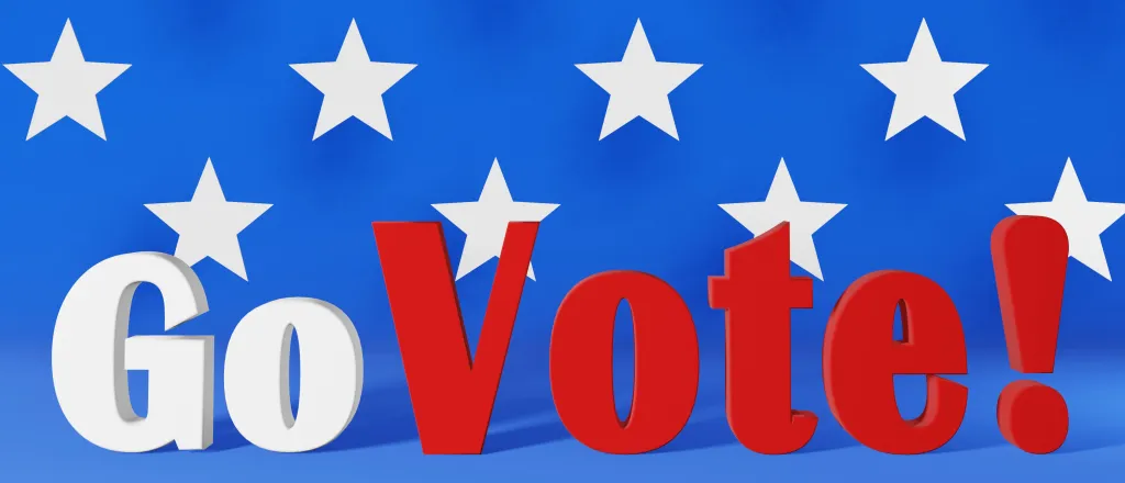 PROMO HIRES CROPPED Government - Election Go Vote - Yurii Sliusar - iStock-1438854991 Words "Go Vote!" on a blue background with white stars.