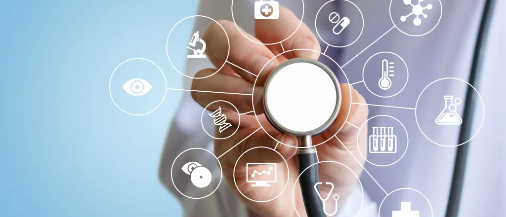 Person holding a stethoscope receiver toward the camera with images of medical symbols