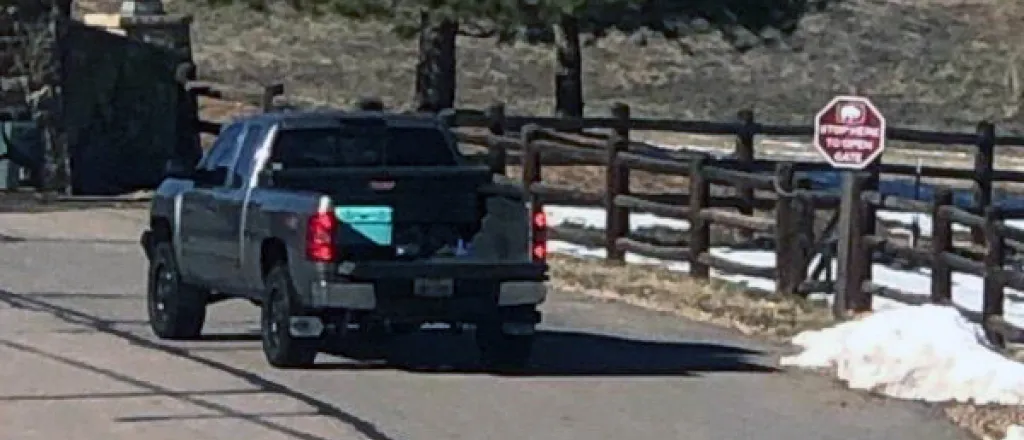 Suspect truck in November 17, 2024, poaching incident - CPW Suspect pickup on a roadway facing away from the camera.