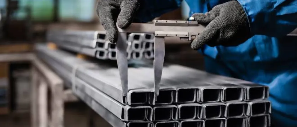 A professional metal fabricator wearing safety gloves as they lay freshly cut metal on a stack of other metal pieces. A professional metal fabricator wearing safety gloves as they lay freshly cut metal on a stack of other metal pieces.