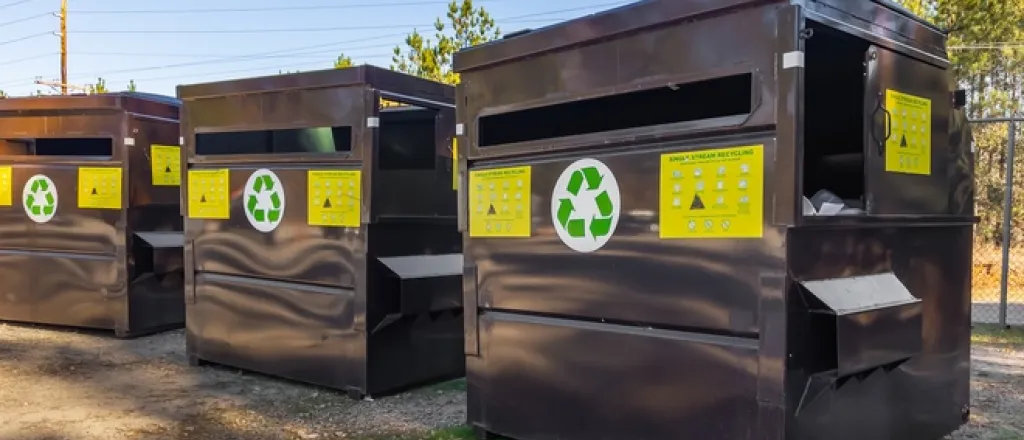 Safety Considerations When Handling Recycled Aluminum Large commercial recycling hoppers sitting outside. There are three gray hoppers with green recycling logos.