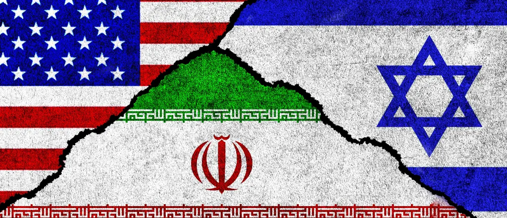 PROMO HIRES CROPPED Flag - United States US U.S. Israel Iran Military Global Politics - Ruma Aktar - iStock-1482798483.jpg Portions of the flags of the United States, Israel, and Iran in a collage format.
