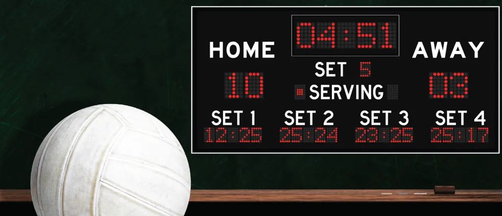 PROMO HIRES Sports - Volleybal Score School Concept art showing a volleyball in the foreground and simulated scoreboard in the background.