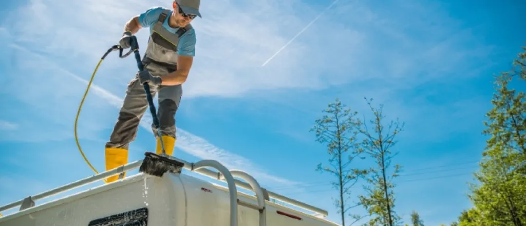 A man in overalls and yellow rubber boots stands on top of an RV roof and cleans the vehicle using a powered brush.