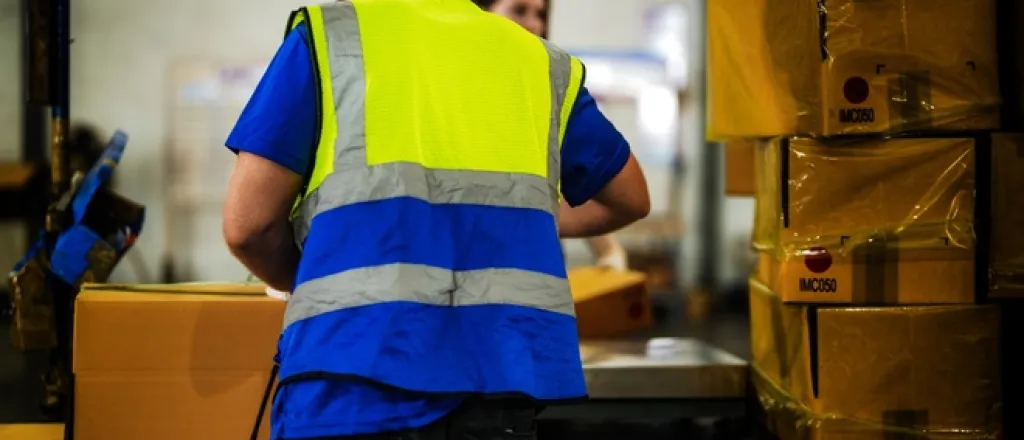 Expert tips for shipping large items for your business Two people working in a warehouse. They're packing boxes and stacking them together for shipment, wrapped tightly.