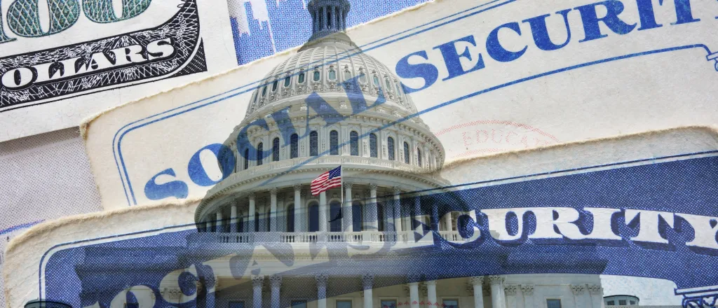 PROMO HIRES CROPPED Finance - Social Security Card Capitol Washington DC Cash Senior - zimmytws - iStock-1391625775 Concept art showing the United States of America capitol building, Social Security cards, and currency overlaid.