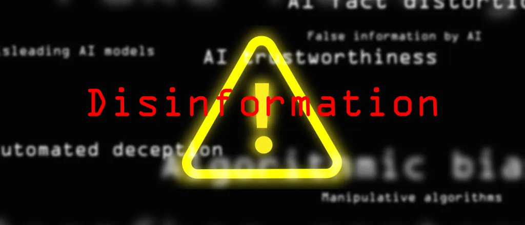 Concept art prominently showing the word "Disinformation" over and exclamation mark/bang symbol. Blurred words about negative uses of technology are in the background.