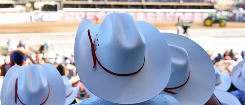 Three people in matching white cowboy hats adorned with red ribbons sitting among a crowd in the stands at a rodeo.