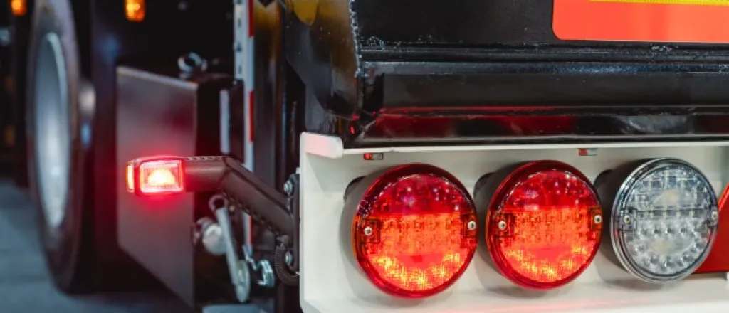A close-up of one of a semitrailer's taillights. All three red lights, including one protruding on a metal prong, are lit.