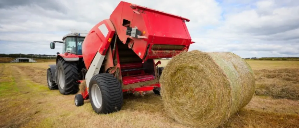  A rear view of a red farming tractor towing a red round hay baler as it drops a round hay bale in a field.