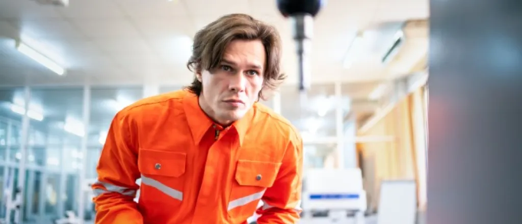 A CMM measurement probe is attached to a machine and blurred. A man wearing an orange work suit holds a controller.