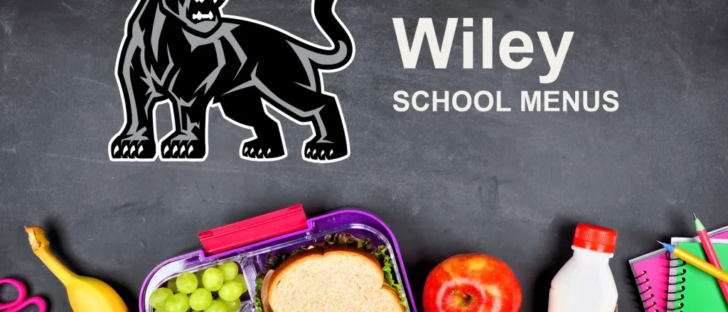 The Wiley School Panthers mascot, chalked on a blackboard above a packed school lunch of a sandwich, grapes, carrots, an apple and a bottle of milk, with pencils and notebooks. The board reads “Wiley School Menus”.