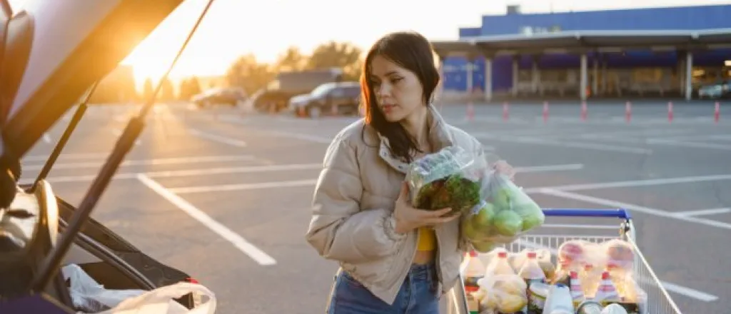 A woman loads fresh groceries from a full shopping cart into the open trunk of a vehicle in a parking lot.