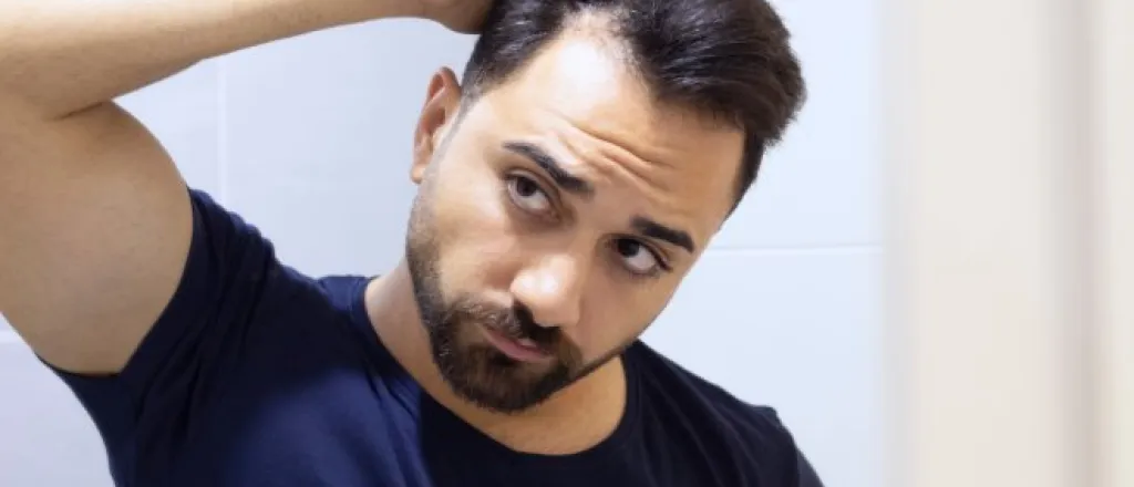 A man worriedly looking at himself in a mirror. He is pulling back his hairline to inspect for potential hair loss.