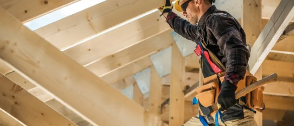 A man in a hardhat is standing n the rafters of a structure. He’s looking at something off-screen.