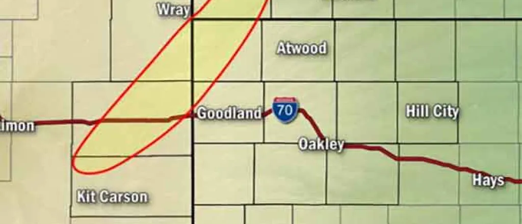 MAP 64J1 Area of concern for the formation of landspout tornadoes June 8, 2019 - NWS MAP 64J1 Area of concern for the formation of landspout tornadoes June 8, 2019 - NWS
