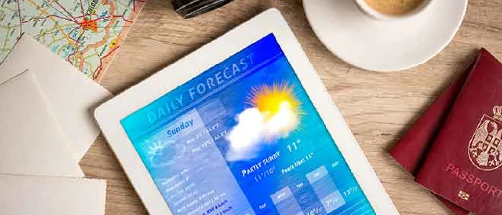 PROMO 64J1 Weather - Forecast Tablet Coffee Camera Passport Travel - iStock - LuckyBusiness PROMO Weather - Forecast Tablet Coffee Camera Passport Travel - iStock - LuckyBusiness