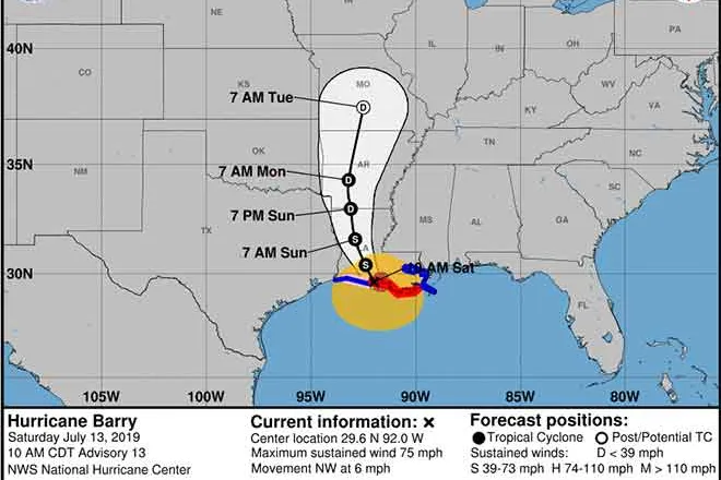 MAP Potential Track of Hurricane Barry as of 10 a.m. July 13, 2019 - NWS