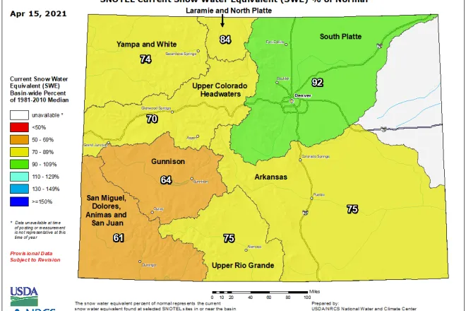 MAP Colorado snow water equivalent as of April 15, 2021 - NRCS MAP Colorado snow water equivalent as of April 15, 2021 - NRCS