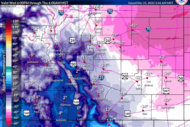 MAP Minimum wind chill in southeast Colorado for December 21, 2022 - NWS