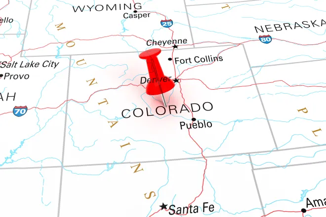 Map of the state of Colorado, showing portions of surrounding states