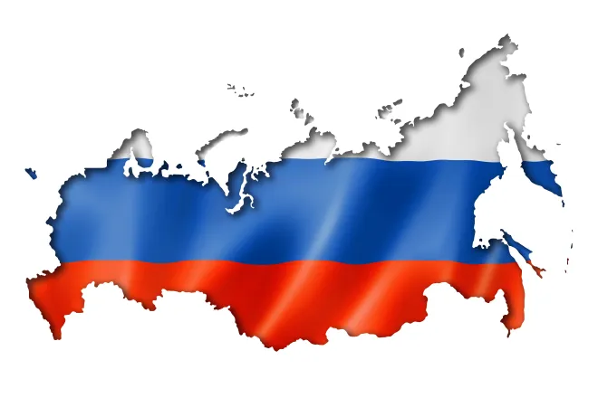 Russian flag showing through an overlaying cutout of the country