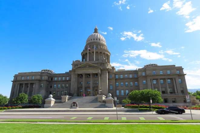 View of the Montana State Capitol Building from a slight angle and looking up.