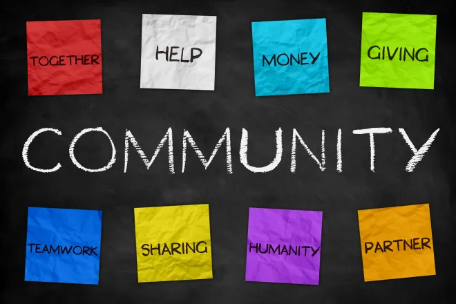 Word "Community" written on a chalkboard, with eight colored paper notes above and below reading "togetherness, help, money, giving, teamwork, sharing, humanity, and partner"