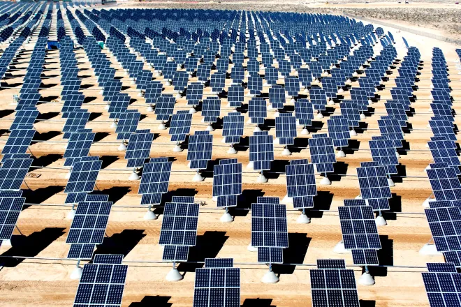 Field of utility-scale photovoltaic solar panels.