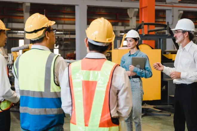 A group of warehouse employees wearing safety vests and hardhats. There are two people teaching a group of four.