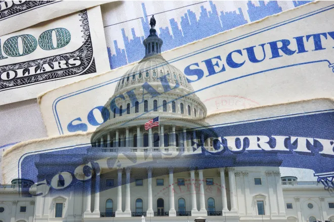 Concept art showing the United States of America capitol building, Social Security cards, and currency overlaid.