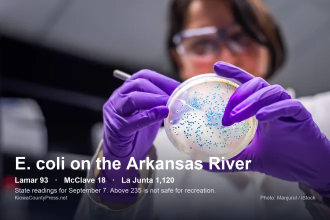 A lab worker in purple gloves holds a petri dish dotted with blue E. coli colonies. Text reads: E. coli on the Arkansas River. Lamar 93, McClave 18, La Junta 1,120. State readings for September 7. Above 235 is not safe for recreation.