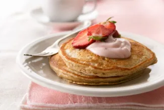 Whole Wheat Strawberry Pancakes - USDA Plate of whole wheat strawberry pancakes.