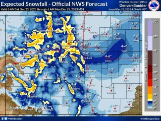 Expected Colorado snowfall - 6:00 a.m. December 23 through 6:00 a.m. December 24, 2023 - NWS Expected Colorado snowfall - 6:00 a.m. December 23 through 6:00 a.m. December 24, 2023 - NWS