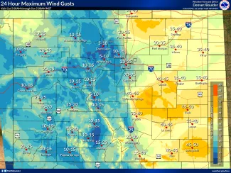 Maximum wind gusts in Colorado through 5:00 a.m. December 24, 2023 - NWS Map of maximum wind gusts in Colorado through 5:00 a.m. December 24, 2023 - NWS