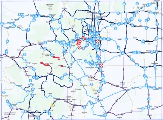 Map of Colorado Department of Transportation snow plow locations as of 5:00 a.m. December 24, 2023.