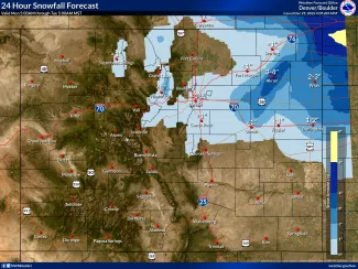Map of expected snowfall through 5:00 a.m. December 26, 2023 in Colorado.
