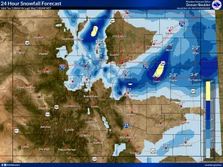 Expected snowfall through December 27, 2023, at 5-00 a.m. - NWS Map of expected snowfall through December 27, 2023, at 5:00 a.m. - NWS