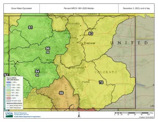 Map of Colorado Snow Water Equivalent as of December 3, 2023 - NRCS