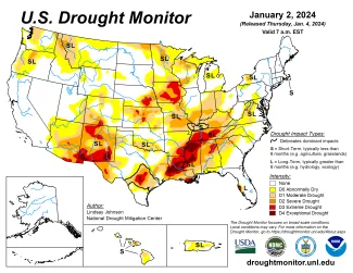 Map of United States drought conditions as of January 2, 2024 - National Drought Mitigation Center