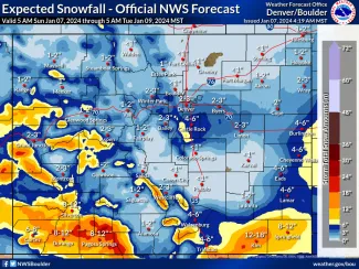 Expected snowfall amounts in Colorado through 5:00 a.m. January 9, 2024 - NWS Map of expected snowfall amounts in Colorado through 5:00 a.m. January 9, 2024 - NWS