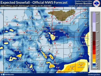 Expected snowfall amounts through 5:00 p.m. January 9, 2024 - NWS Map of expected snowfall amounts through 5:00 p.m. January 9, 2024 - NWS