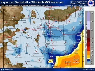 Expected snowfall amounts through 5:00 a.m. January 9, 2024 - NWS Map of expected snowfall amounts through 5:00 a.m. January 9, 2024 - NWS