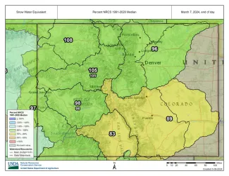 Snow water equivalent - March 7, 2024. Map of Colorado river basins snow water equivalent as of March 7, 2024