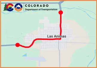 Highway 50 construction project through Las Animas - CDOT Map of Highway 50 construction project through Las Animas in Bent County, Colorado.